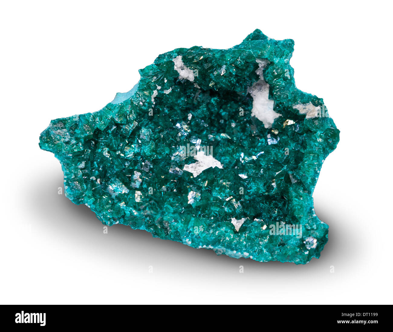 Dioptase is an intense emerald-green to bluish-green copper cyclosilicate mineral. It is transparent to translucent. Stock Photo