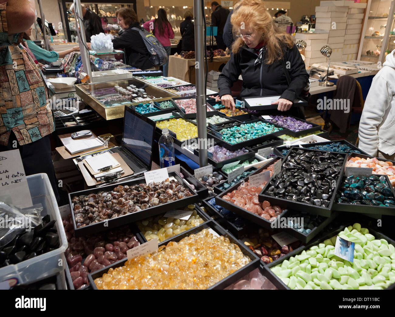 Displays of gems, minerals rocks, crystals, fossils, and meteorites at the yearly Gem and Mineral Show in Tucson, Arizona Stock Photo