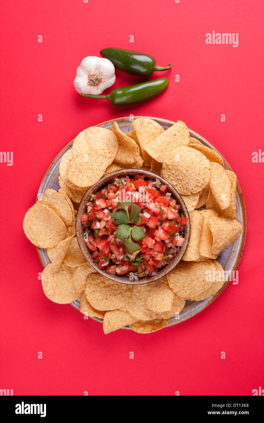 Overview of chips and salsa Stock Photo Alamy