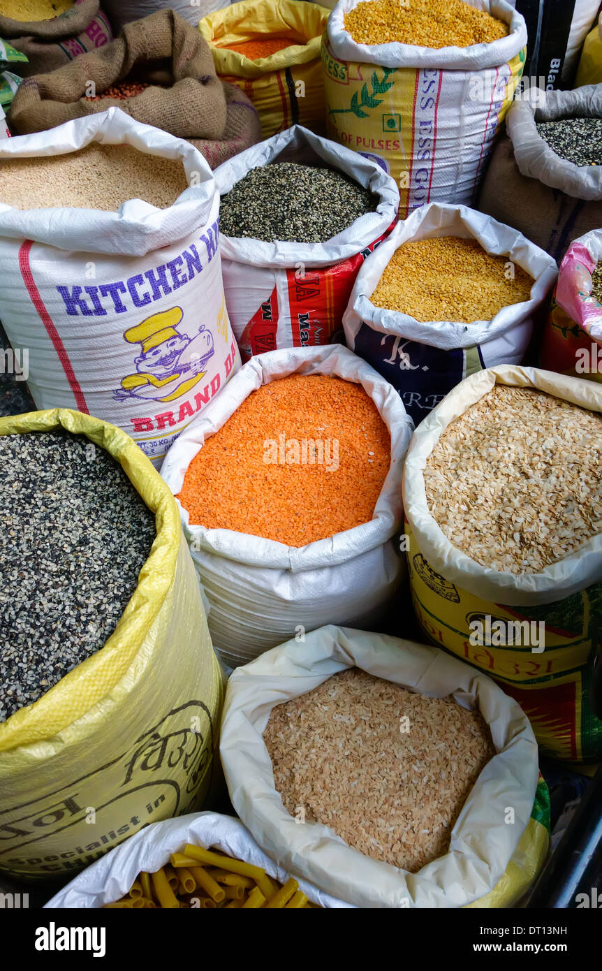 Bulk grains for sale at a street market in Kathmandu, Nepal Stock Photo