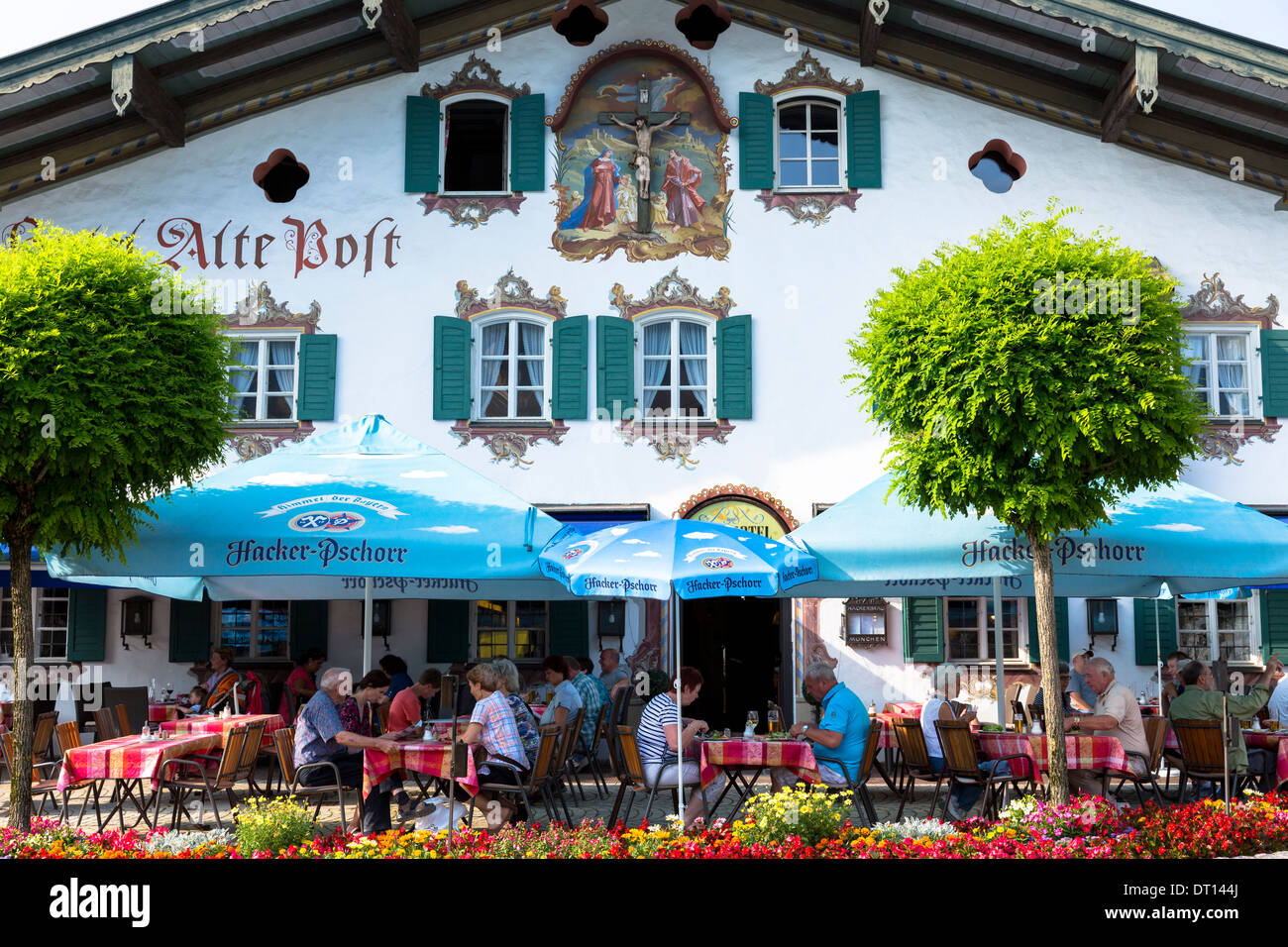 Religious painting of Passion Scene on Alte Post hotel in village of Oberammergau in Upper Bavaria, Germany Stock Photo