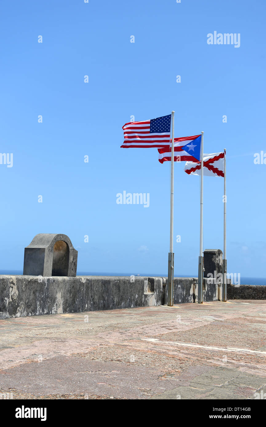 Flags of United States, Puerto Rico, and old Spanish flags flying atop Castillo San Cristobal in Puerto Rico Stock Photo