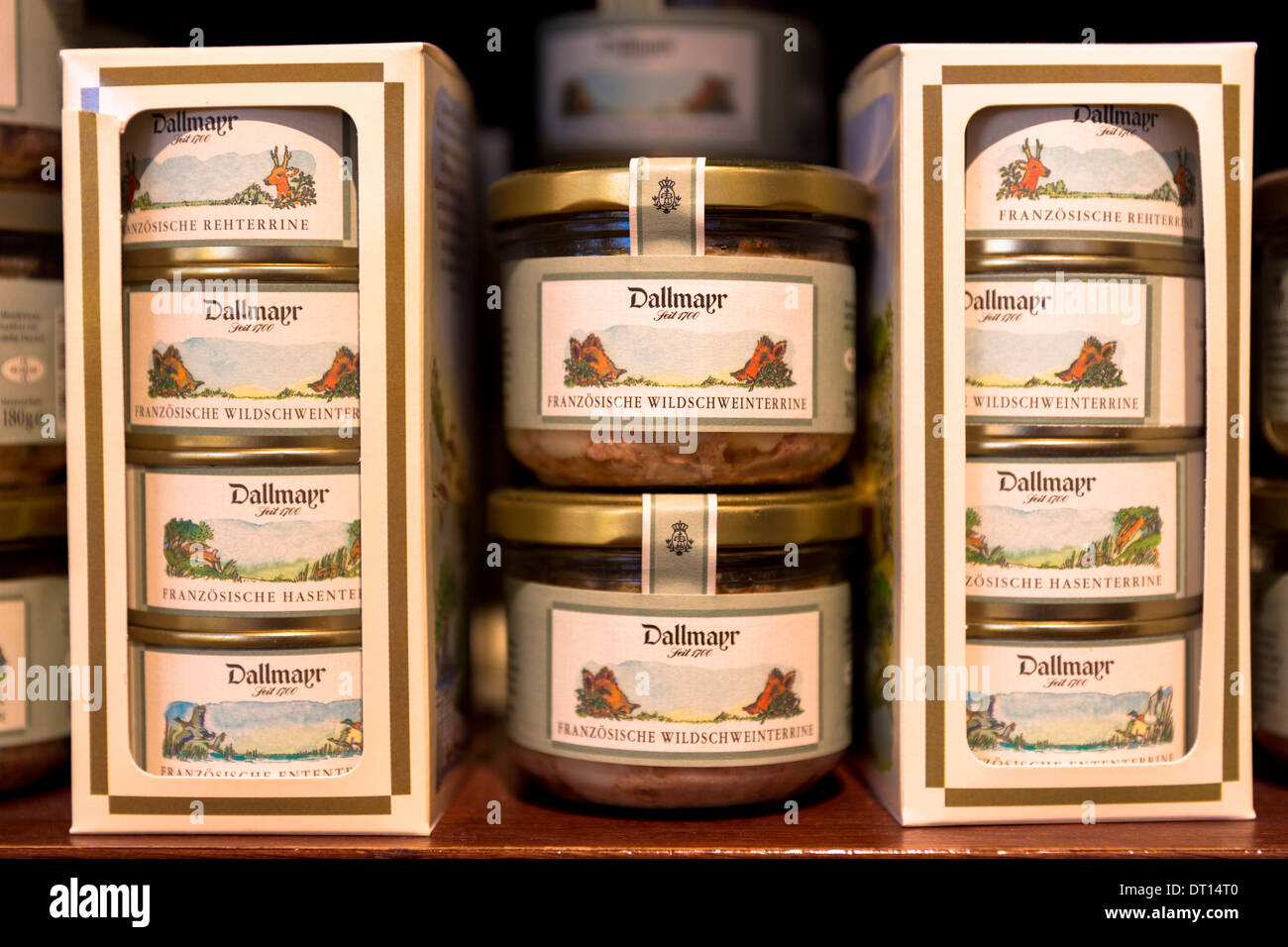 Franzosische meat terrine, wild boar, venison and hare on display in