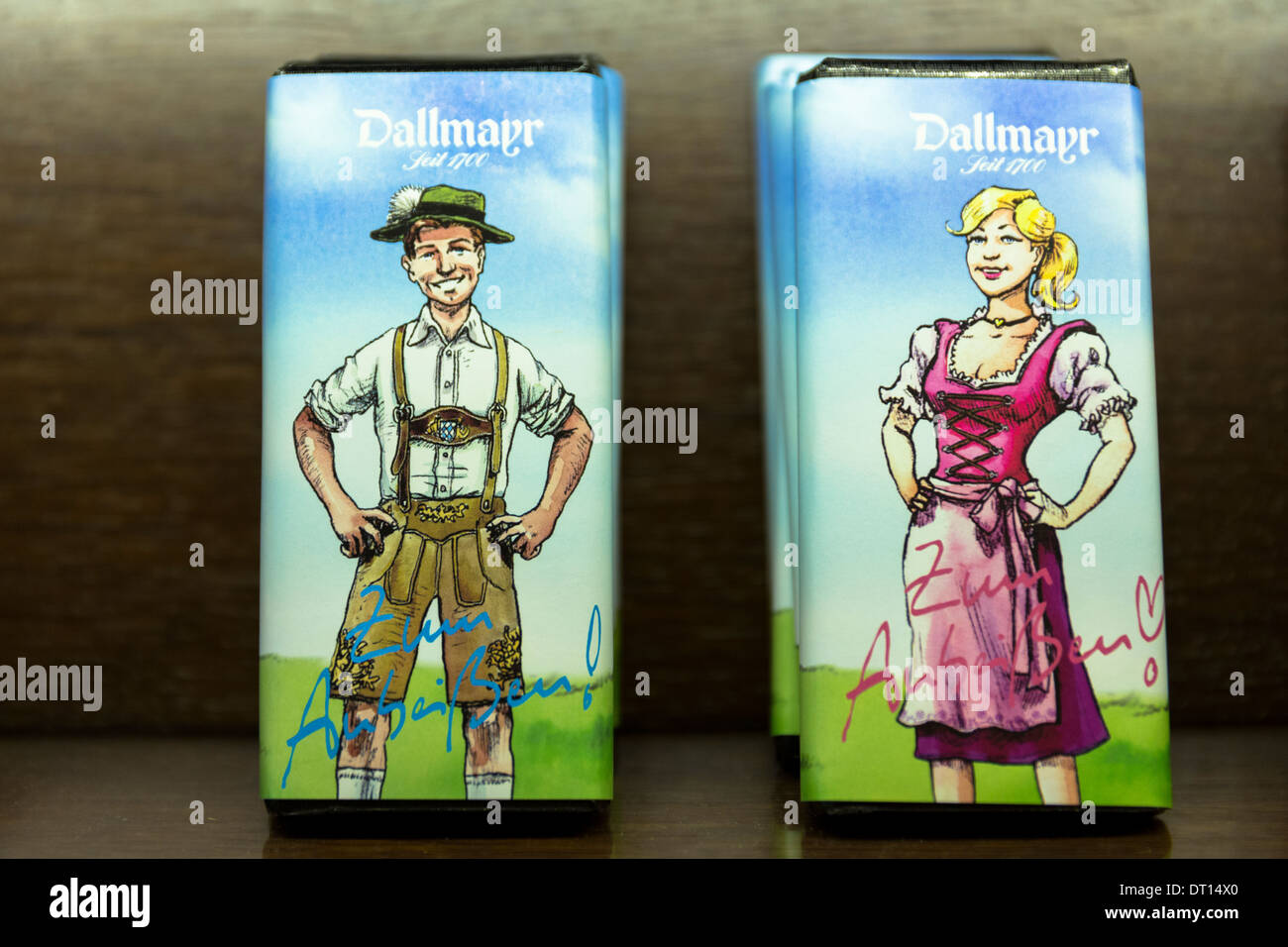 Luxury chocolate with Bavarian images on display in Gift Department at Dallmayr food store in Munich in Bavaria, Germany Stock Photo
