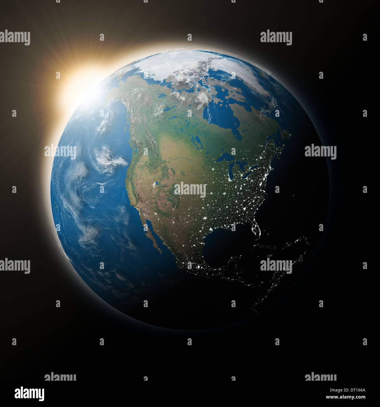 Sun over North America on blue planet Earth isolated on black ...