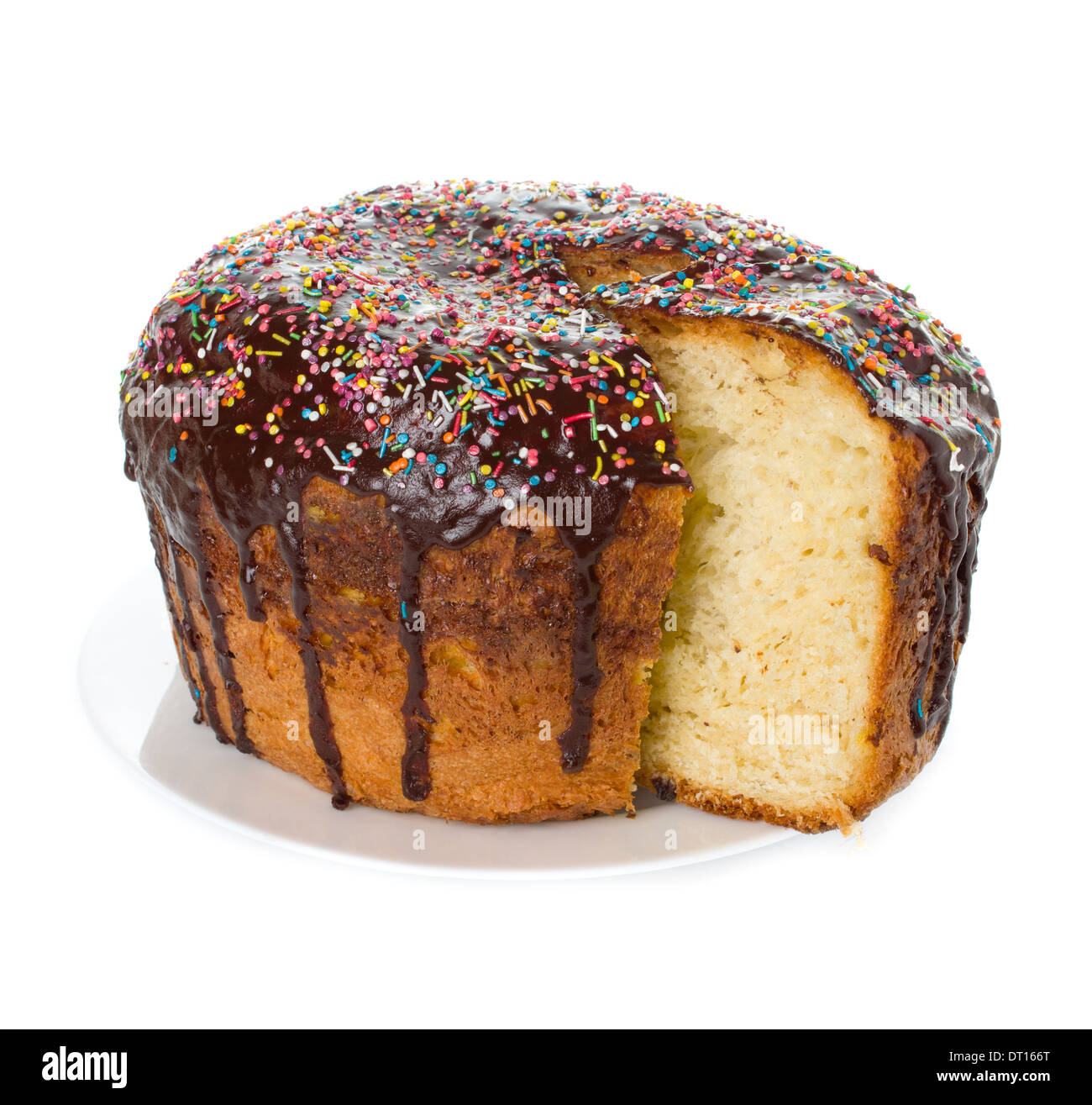 Easter cake with glace icing on white background Stock Photo
