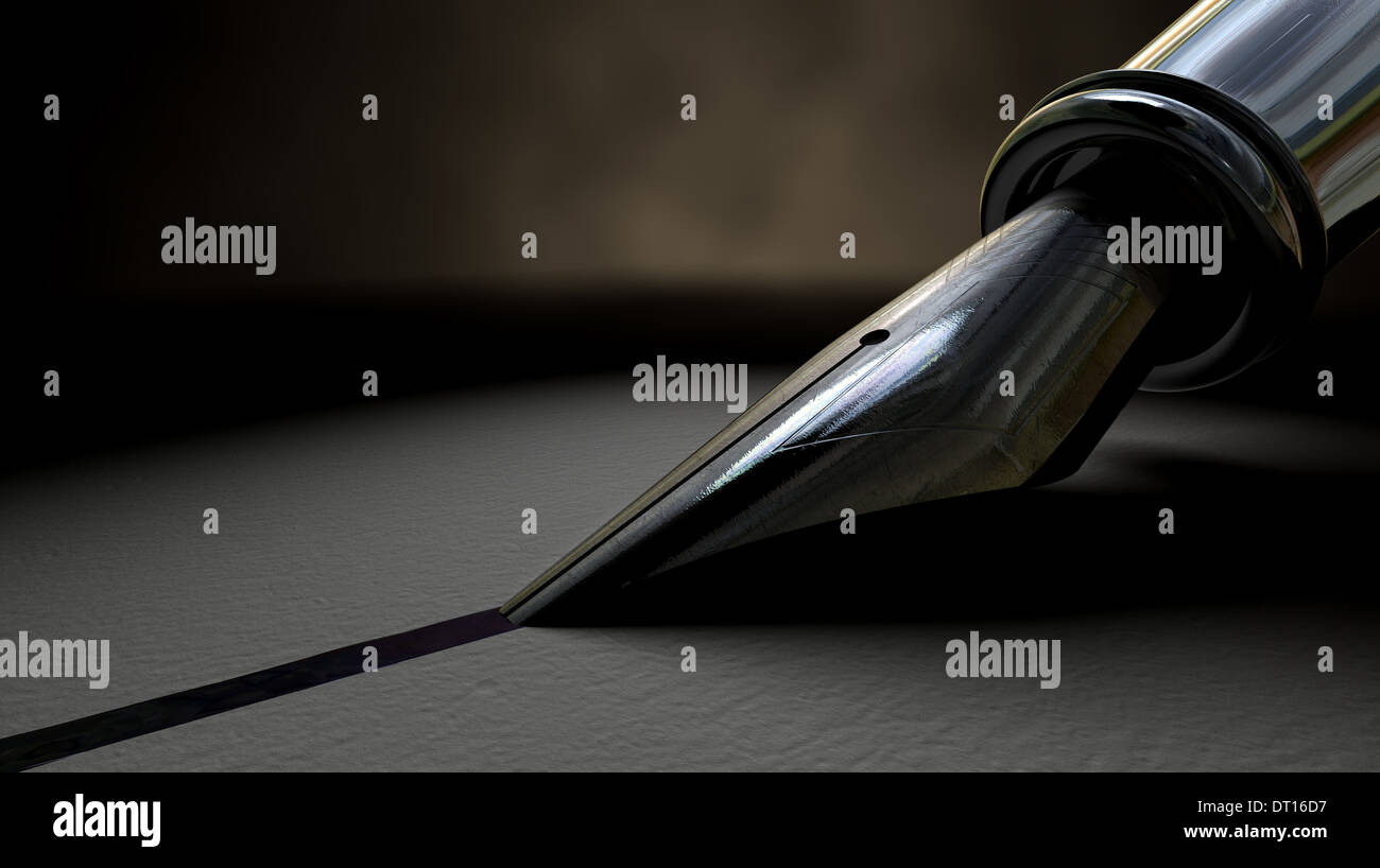 A view closeup of the metal nib of an old fountain pen drawing a