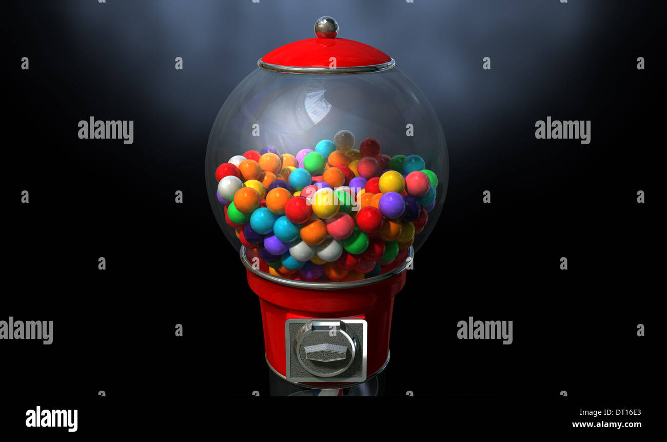 A regular red vintage gumball dispenser machine with chrome trim filled