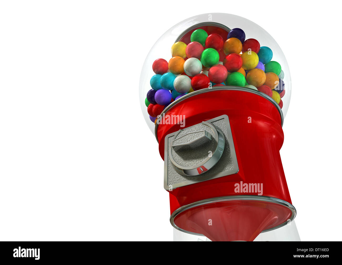 A regular red vintage gumball dispenser machine with chrome trim filled