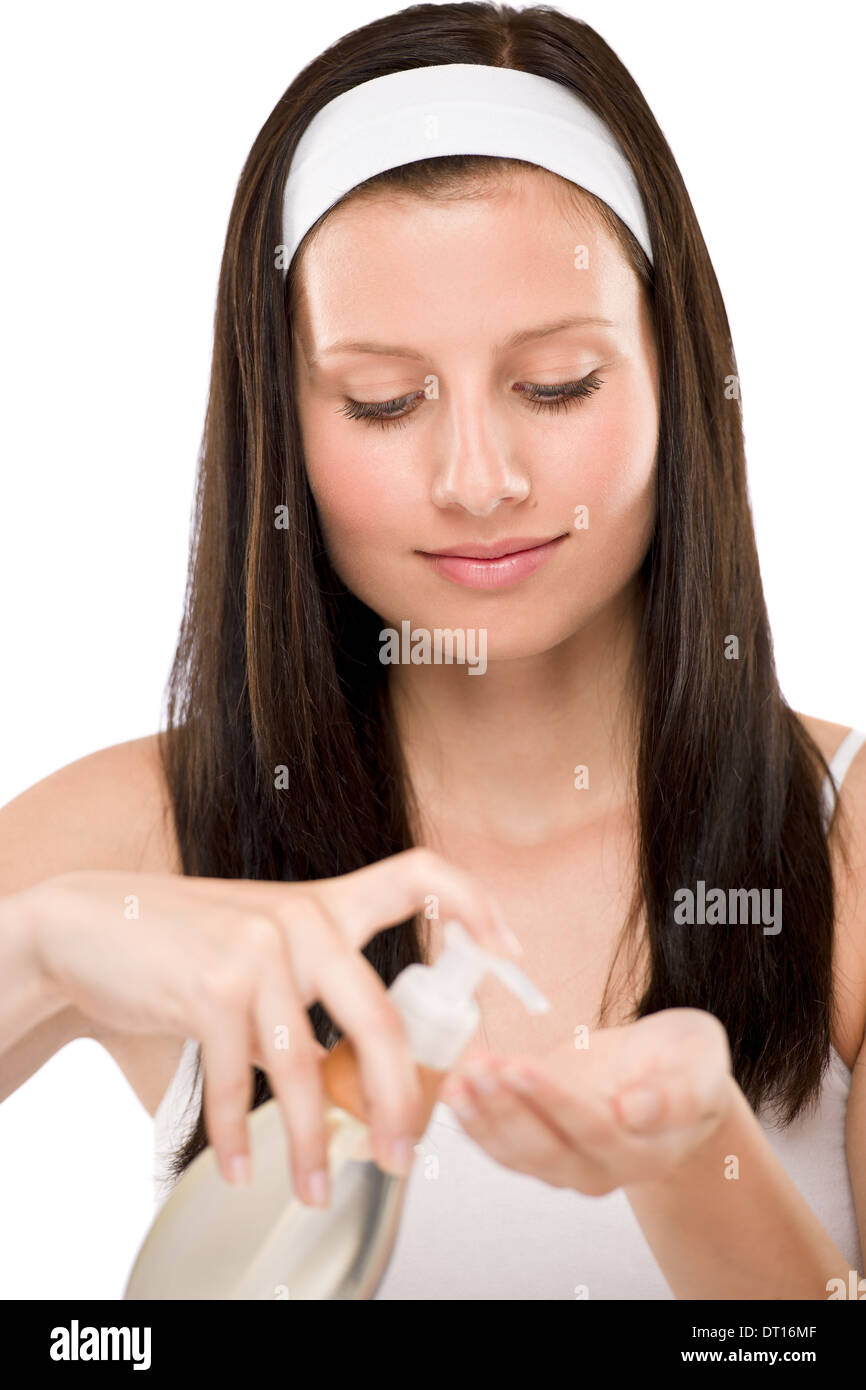 Body care woman applying massage oil Stock Photo Alamy
