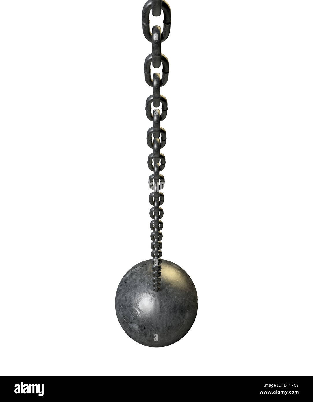 A regular metal wrecking ball attached to a chain on an isolated white background Stock Photo