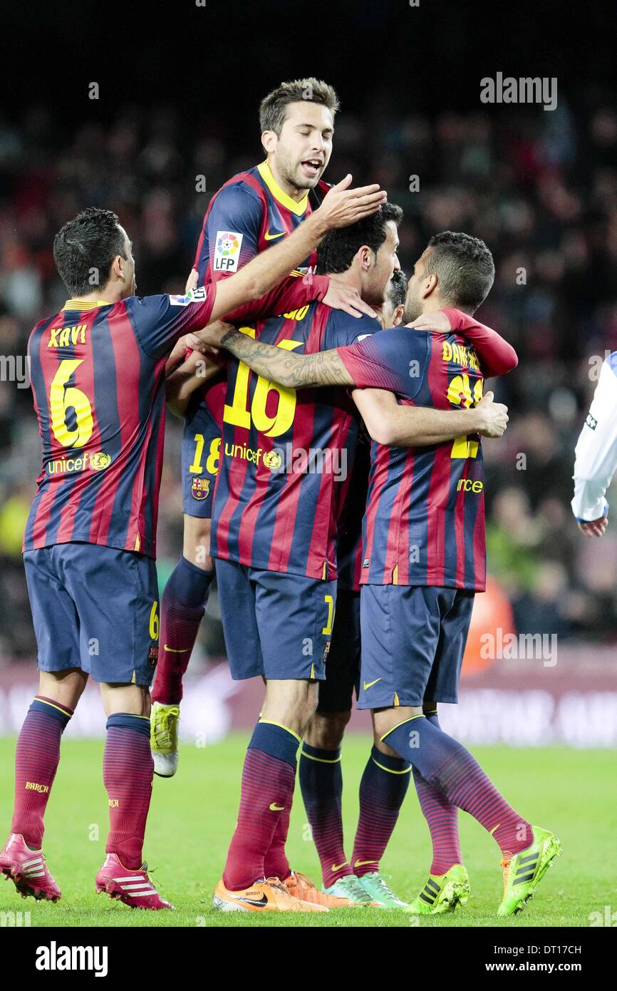 Barcellona, Spain. 5th Feb, 2014. BARCELONA, ESPANA - FEBRERO 5: Celebracion de los jugadores del FC Barcelona en el partido entre el FC Barcelona y la Real Sociedad, correspondiente al partido de ida de semifinales de la Copa del Rey en el Estadio del Camp Nou el 5 de febrero de 2014 en Barcelona, Espana, Credit:  Mikel Trigueros/NurPhoto/ZUMAPRESS.com/Alamy Live News Stock Photo