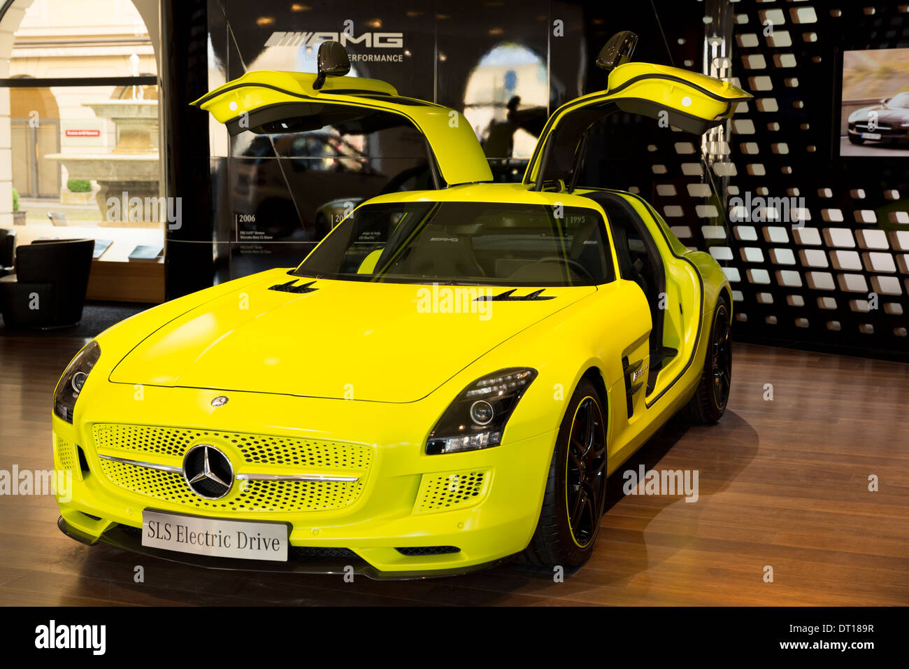 AMG SLS Coupe Electric Drive motor car on display at AMG Mercedes gallery showroom in Odeonsplatz, Munich, Bavaria, Germany Stock Photo