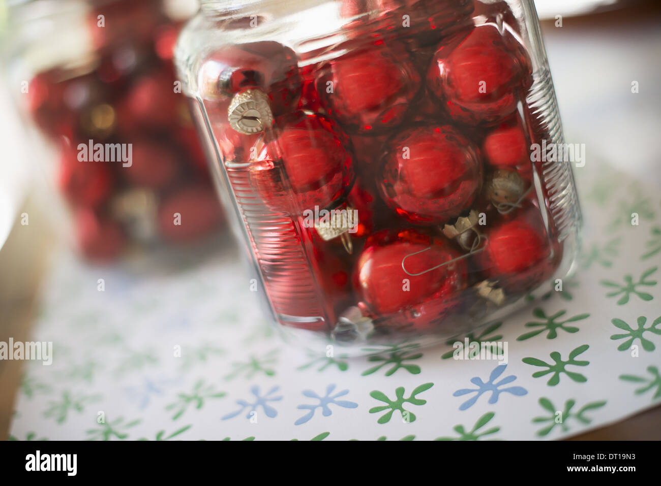 Woodstock New York USA Red glass ball Christmas ornaments in glass jars Stock Photo