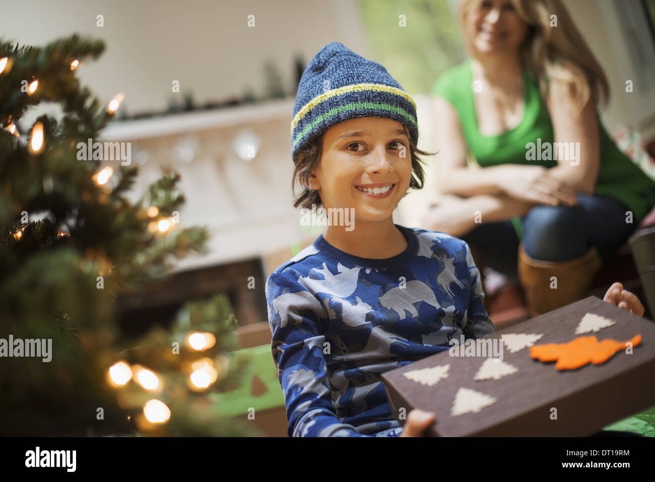 Woodstock New York USA boy Christmas present gift wrapped Stock Photo