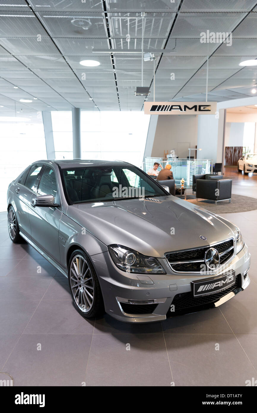 Mercedes-AMG C63 AMG Saloon car in Mercedes-AMG showroom and gallery in Mercedesstrasse in Stuttgart, Bavaria, Germany Stock Photo