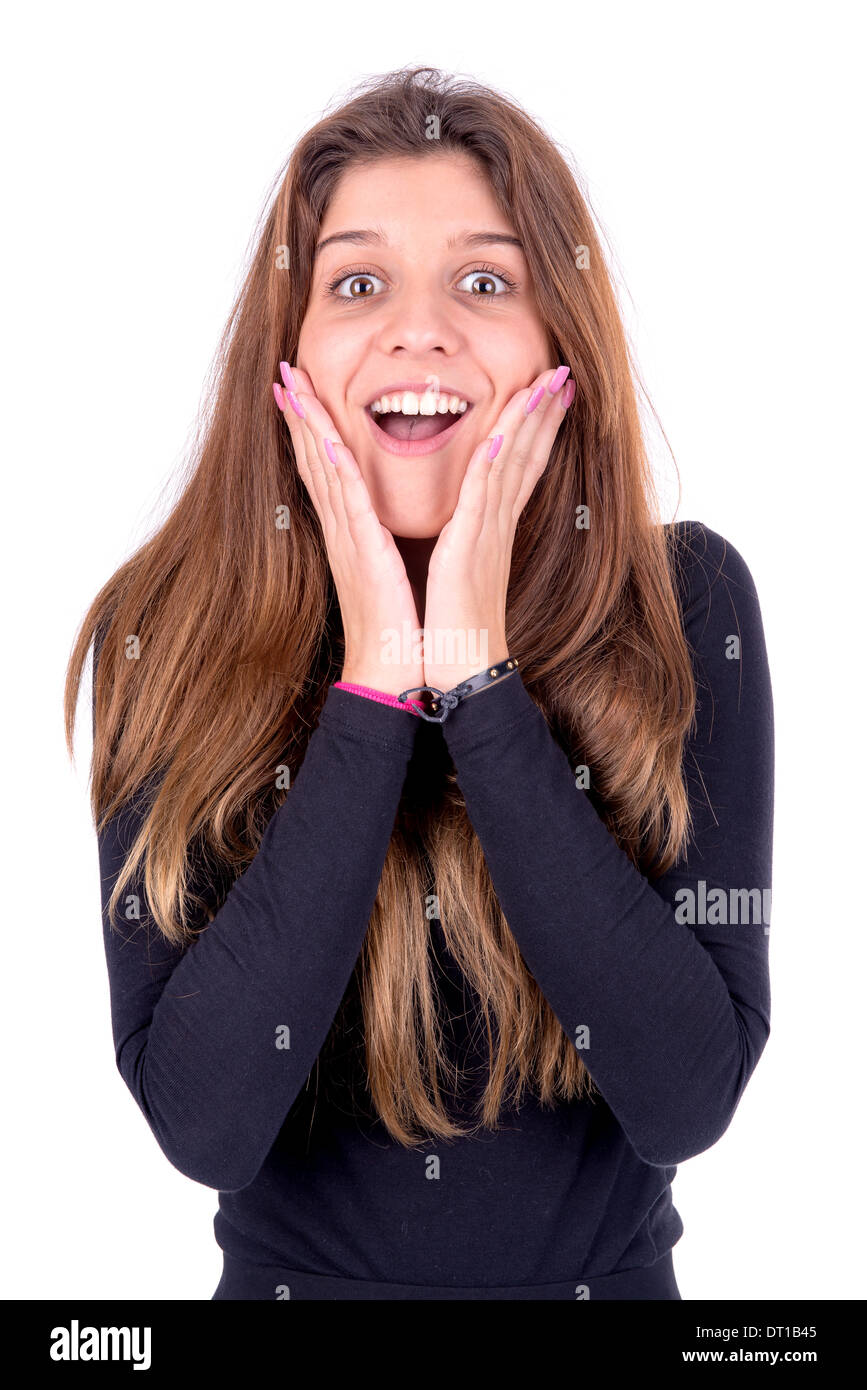 Surprised young woman isolated in white Stock Photo - Alamy