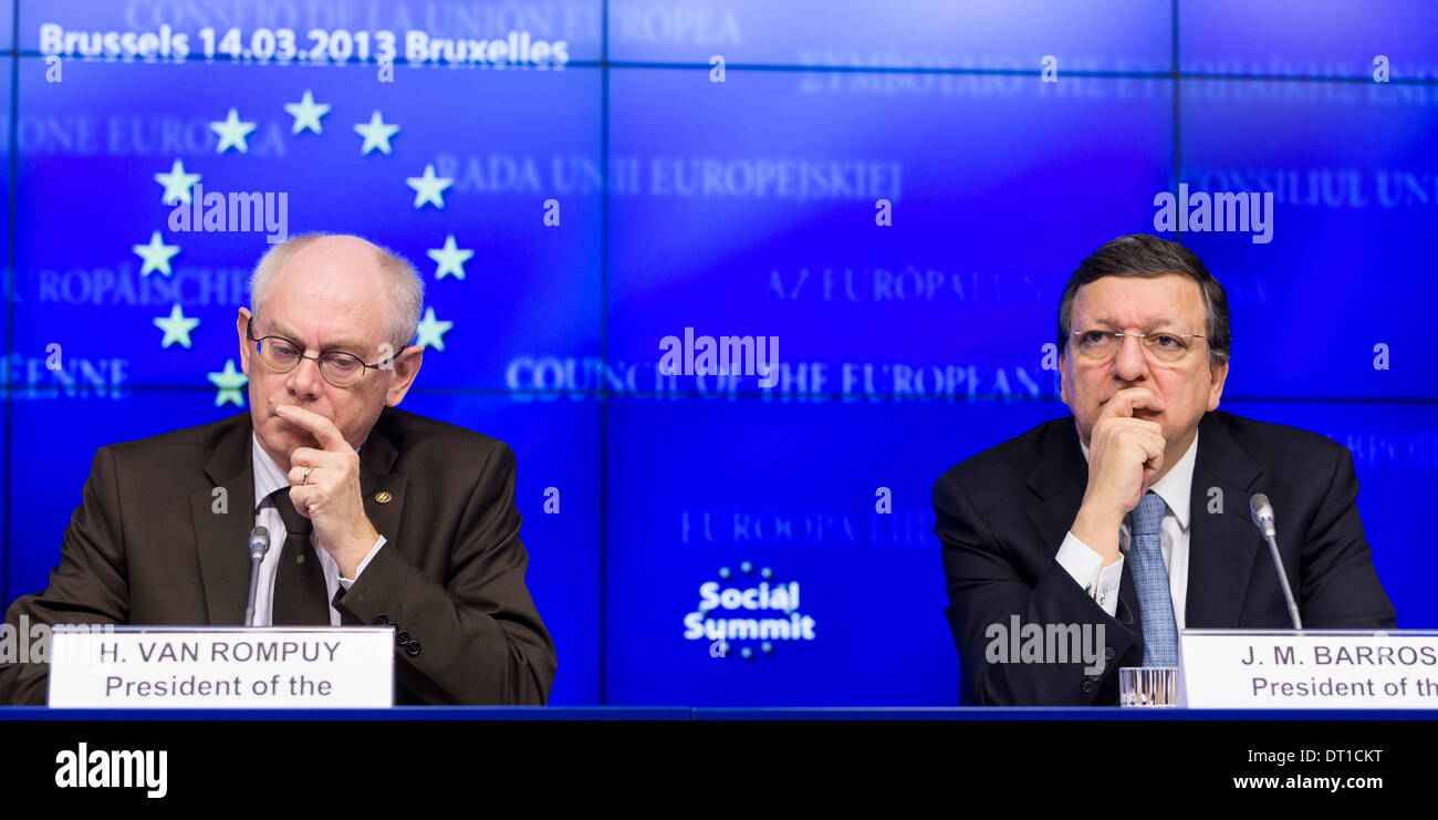 Belgium, Brussels on 2013/03/14: Tripartite Social Summit with Herman Van Rompuy and Jose Manuel Barroso Stock Photo