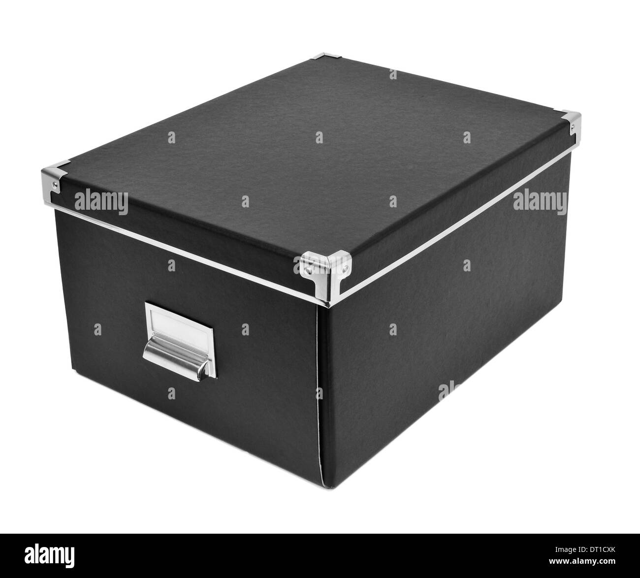 a black cardboard storage box with metal index card holder on a white