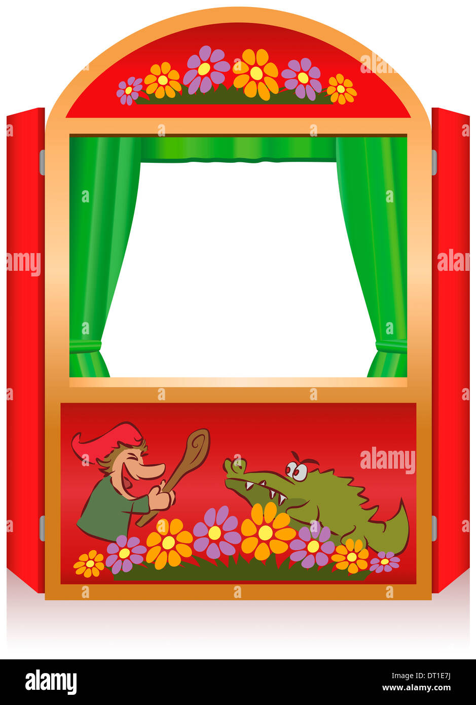 Punch and Judy, a traditional, popular puppet show. Red booth for the puppeteer. Stock Photo