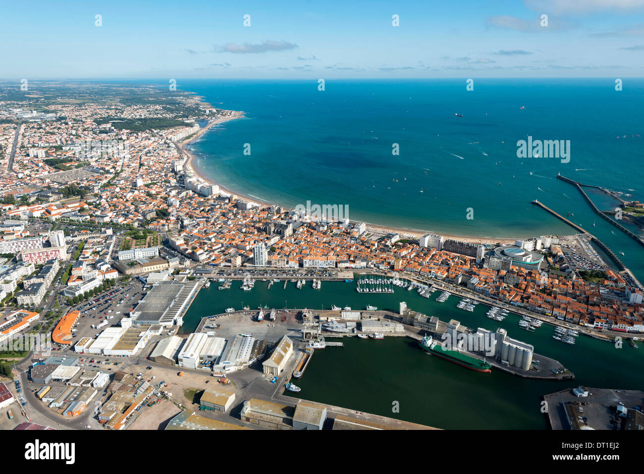 Les Sables d'Olonne (85) along the Atlantic coast in the Vendée department.  Aerial view of the town and the commercial port Stock Photo