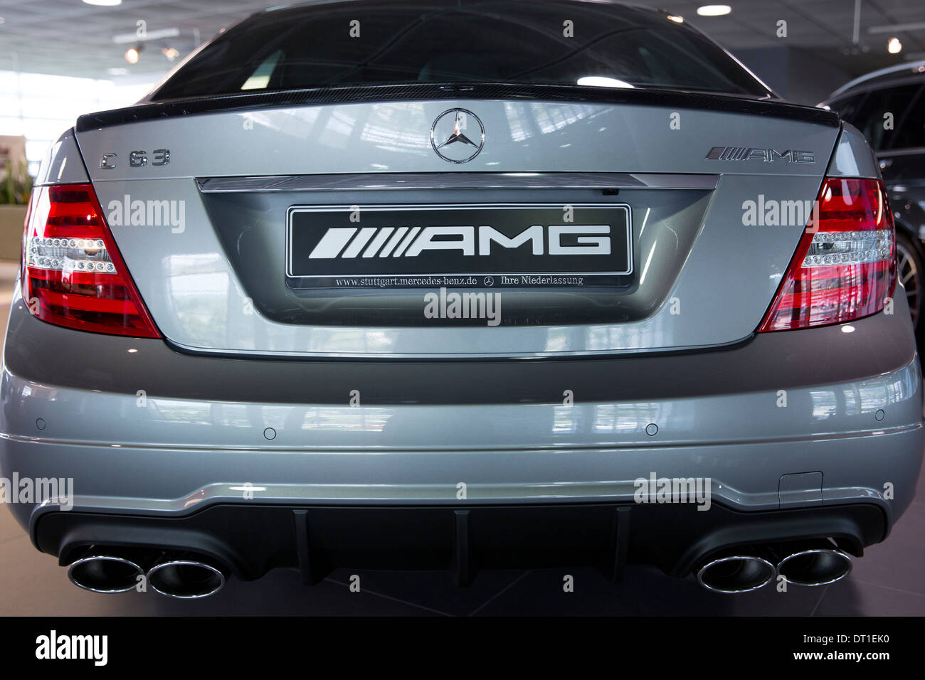 Mercedes-AMG C63 AMG Saloon car in Mercedes-AMG showroom and gallery in Mercedesstrasse in Stuttgart, Bavaria, Germany Stock Photo