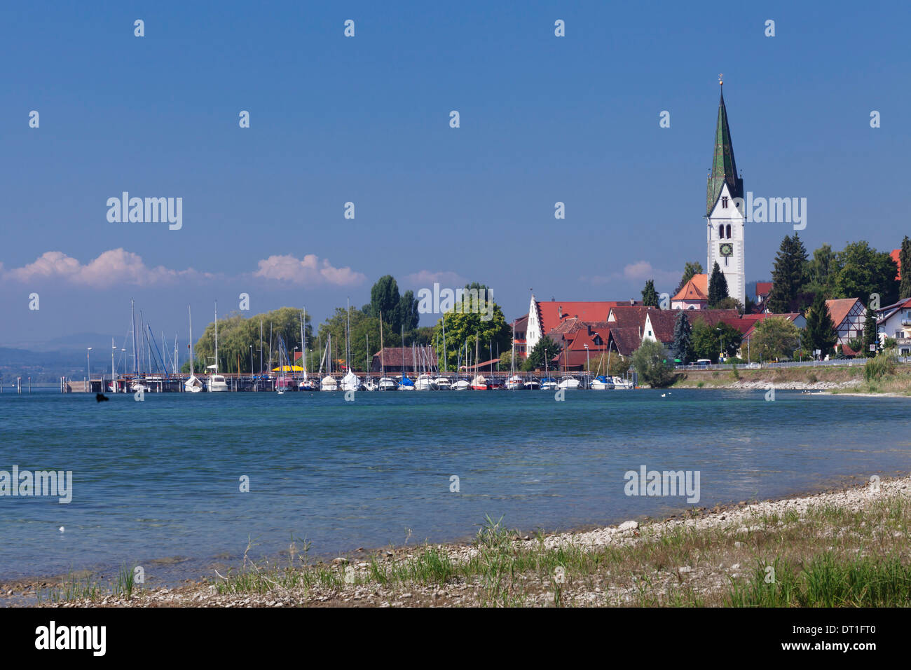 Lakeside with church and harbour with sailing boats, Sipplingen, Lake Constance (Bodensee), Baden Wurttemberg, Germany, Europe Stock Photo