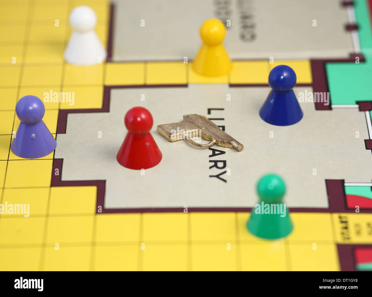 cluedo board game characters and weapons in the library Stock Photo Alamy