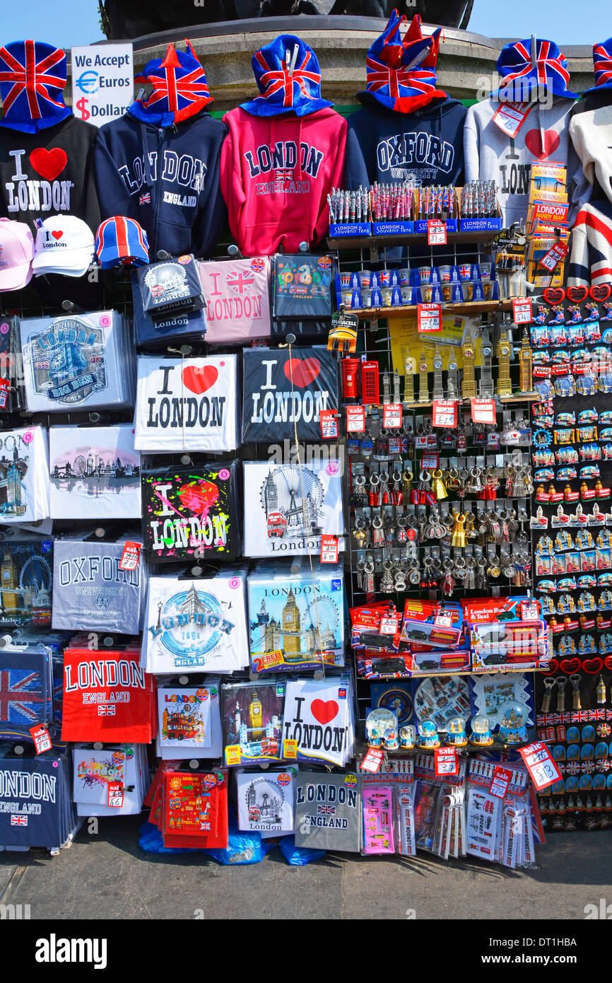 Assorted I Love London T shirts & souvenirs stall set up around the base of the Boadicea Chariot sculpture at Westminster Bridge Stock Photo