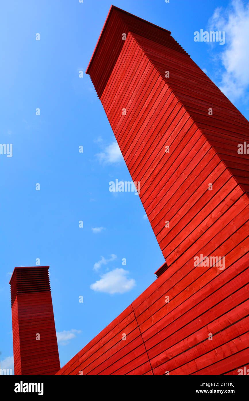 Abstract architecture angled views of two towers part of the Red Shed temporary theatre building at the National Theatre South Bank Lambeth London UK Stock Photo