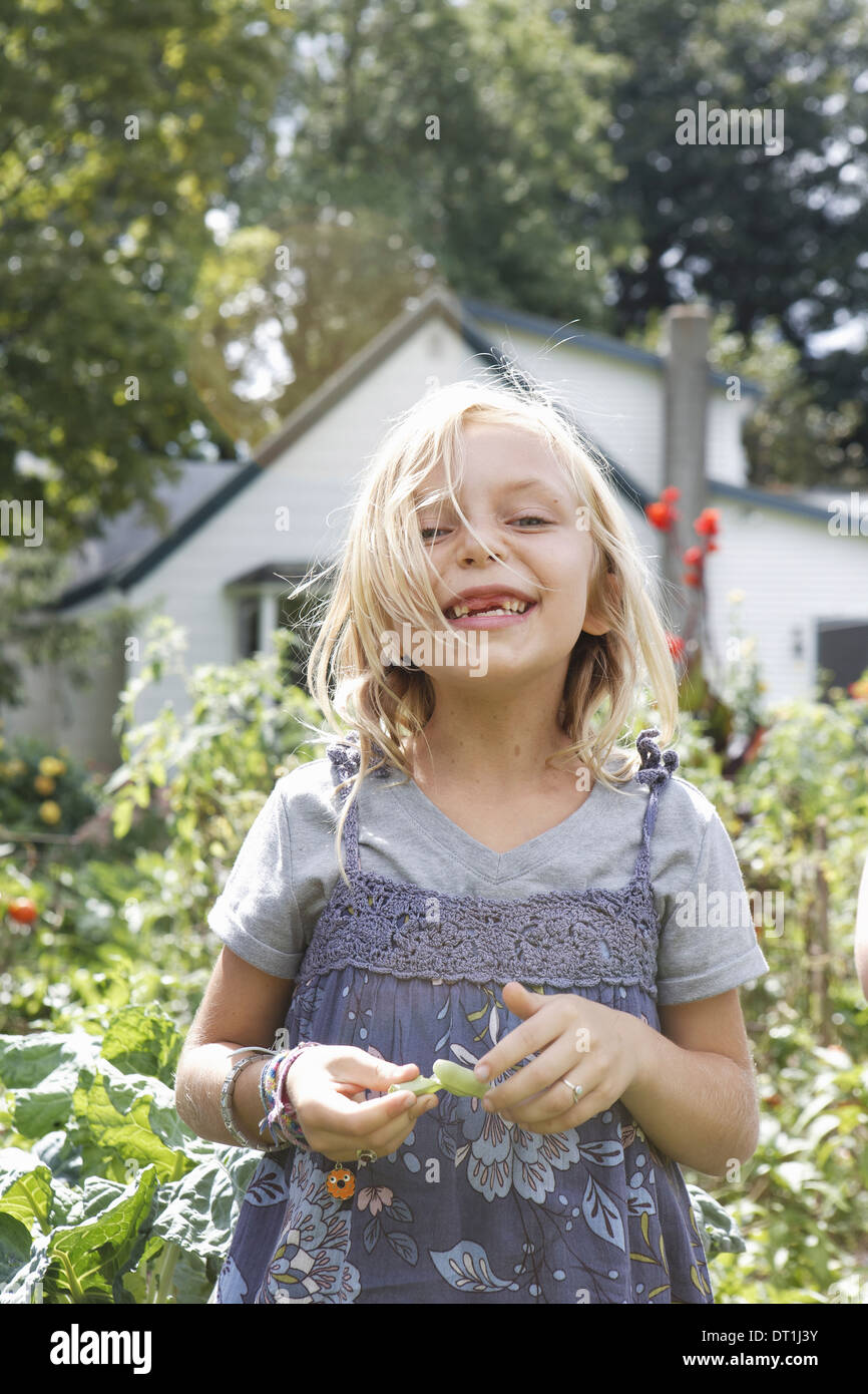 A young girl in a blue teeshirt and pinafore dress laughing and holding green beans that she has picked Stock Photo