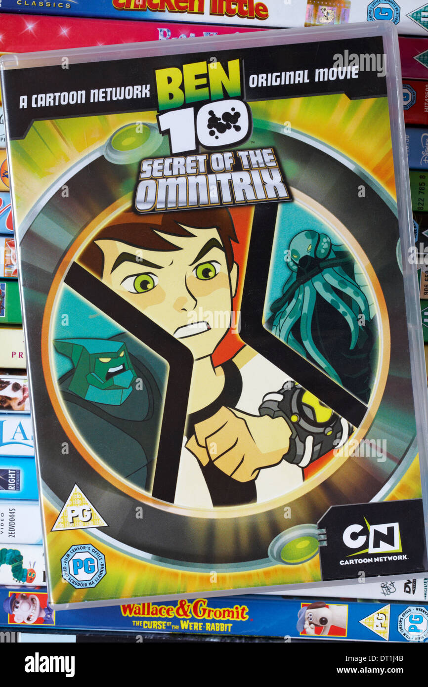 pile of DVDs with Ben 10 secret of the ominitrix dvd on top Stock Photo