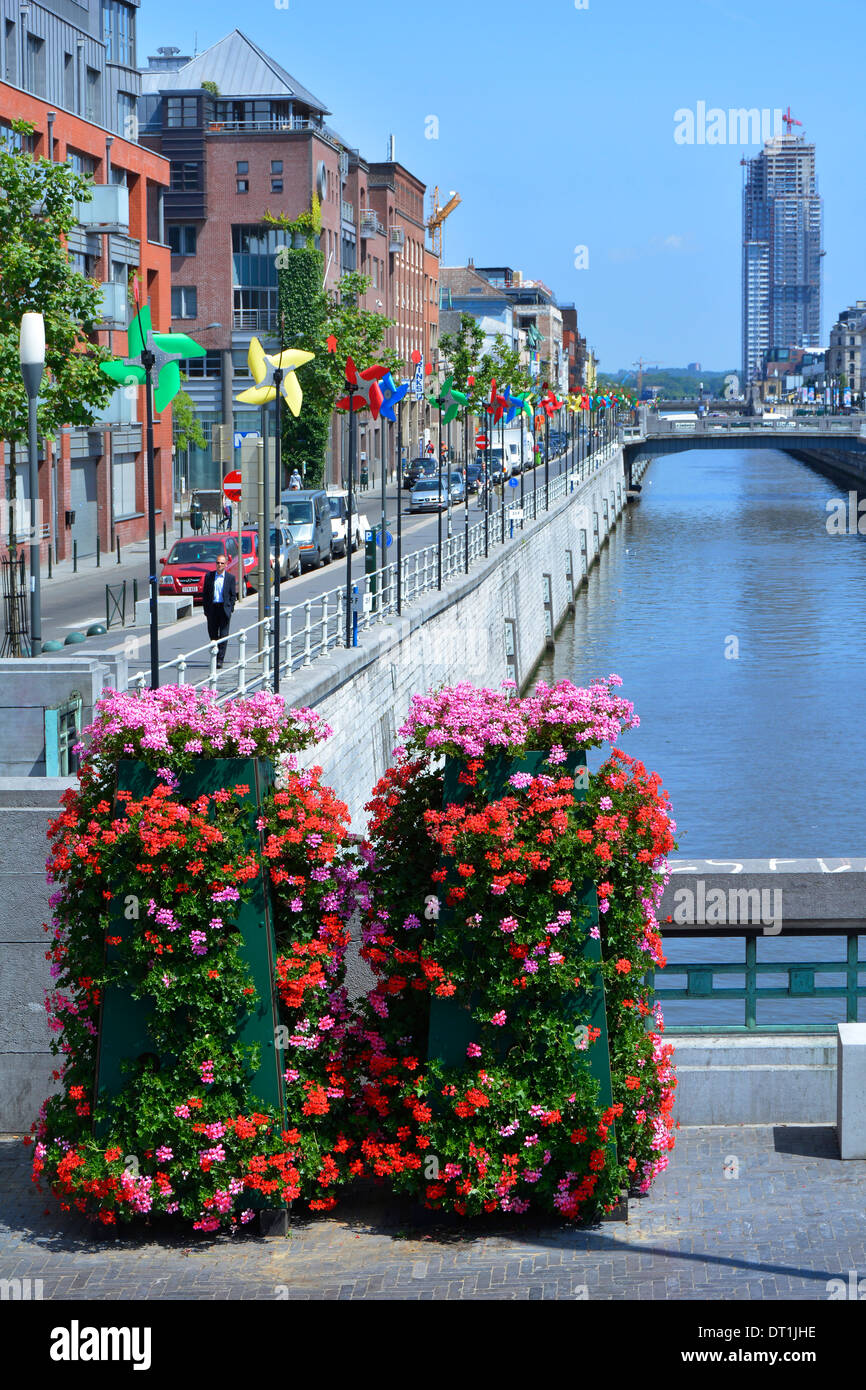 Flowers and street decorations around a road bridge crossing Brussels canal Belgium Europe Stock Photo