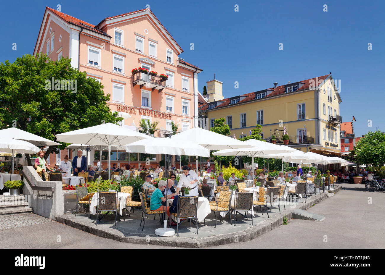 Street cafe, restaurant on the promenade, Lindau, Lake Constance (Bodensee), Bavaria, Germany, Europe Stock Photo