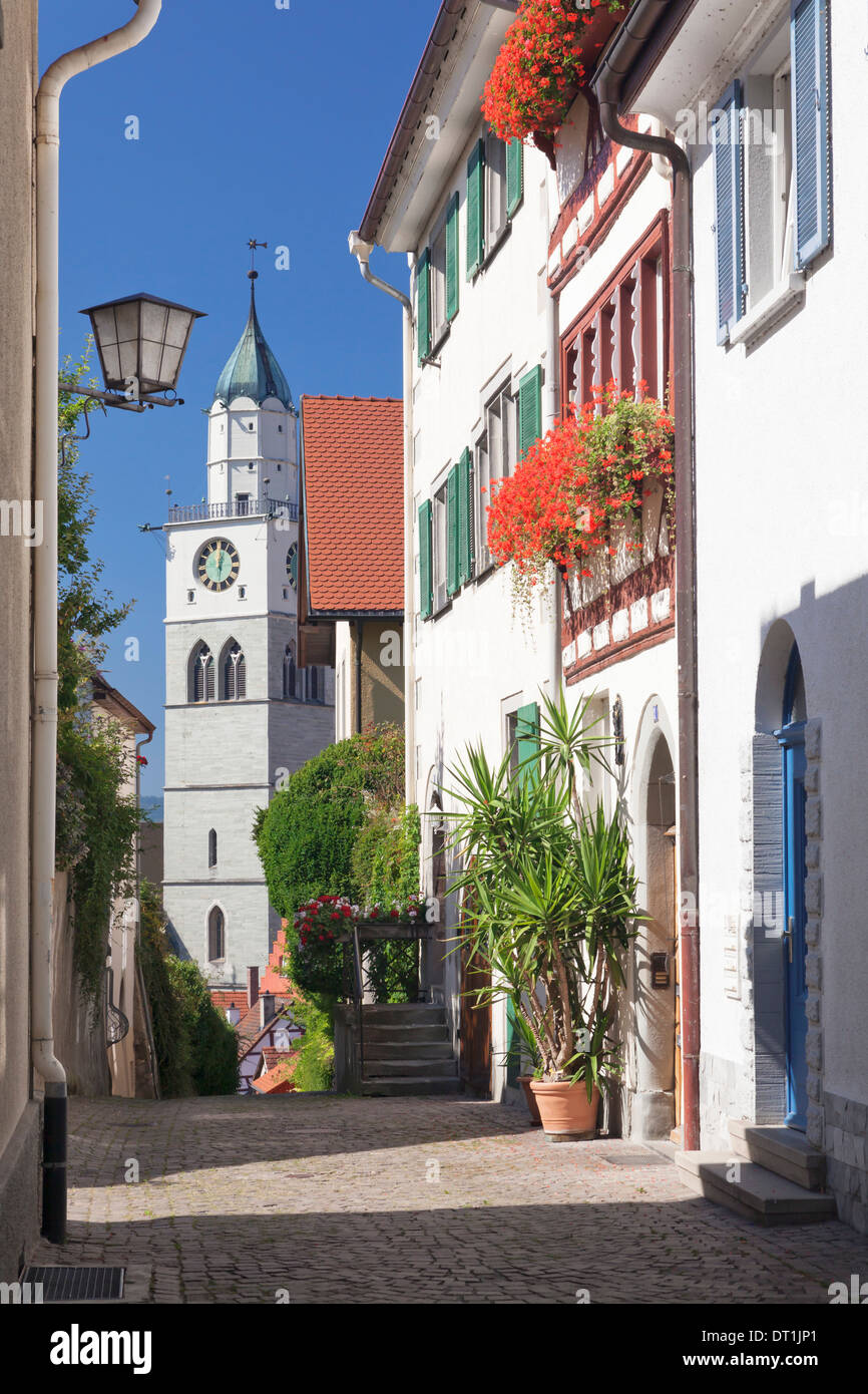Street in the old town with St. Nikolaus Minster, Uberlingen, Lake