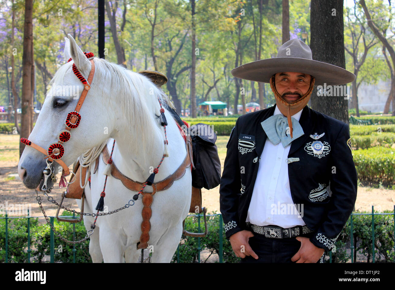 Mexican mounted police with his horse, Alameda Park, Mexico City Stock Photo