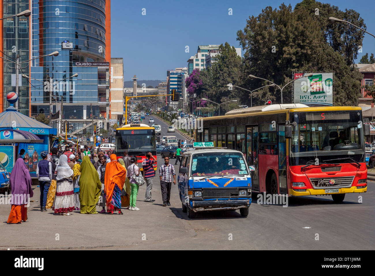 Public Buses and Taxis, Churchill Avenue, Addis Ababa, Ethiopia Stock