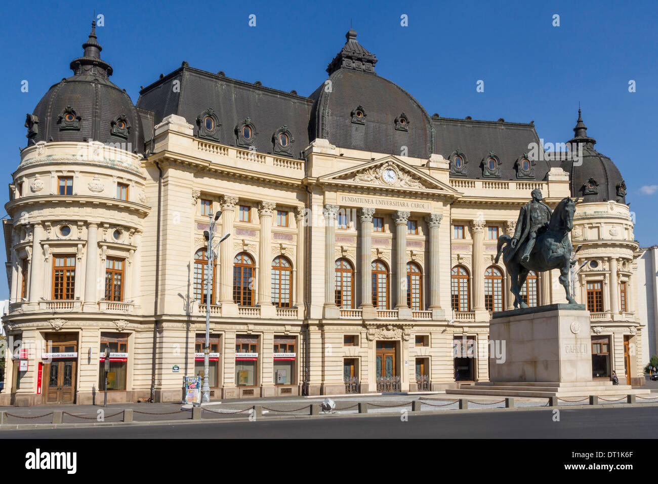 University Library and King Carol I, Calea Victoriei, Bucharest, Romania, Europe Stock Photo