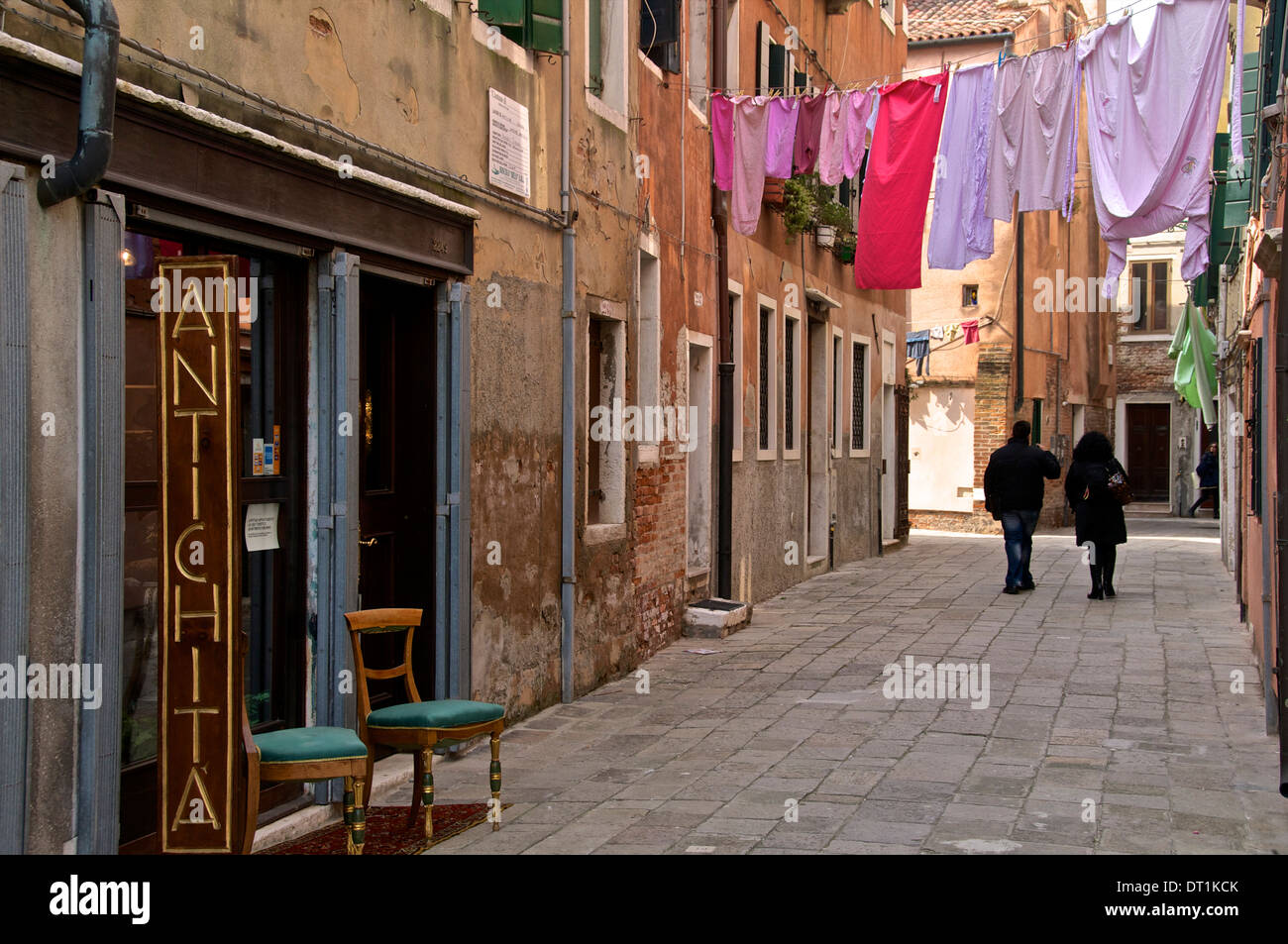 Washing lines across the street, Castello Quarter, Venice, UNESCO World Heritage Site, Veneto, Italy, Europe Stock Photo