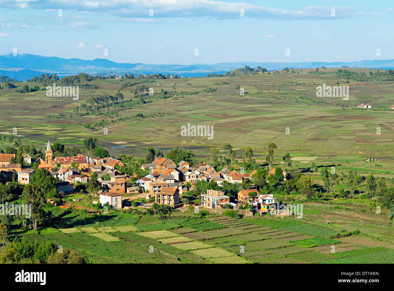 Traditional village on hill around Antsirabe, Madagascar, Africa Stock Photo