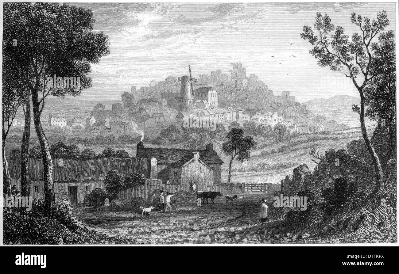 An engraving entitled 'Denbigh, Denbighshire' scanned at high resolution from a book published in the 1830's. Stock Photo