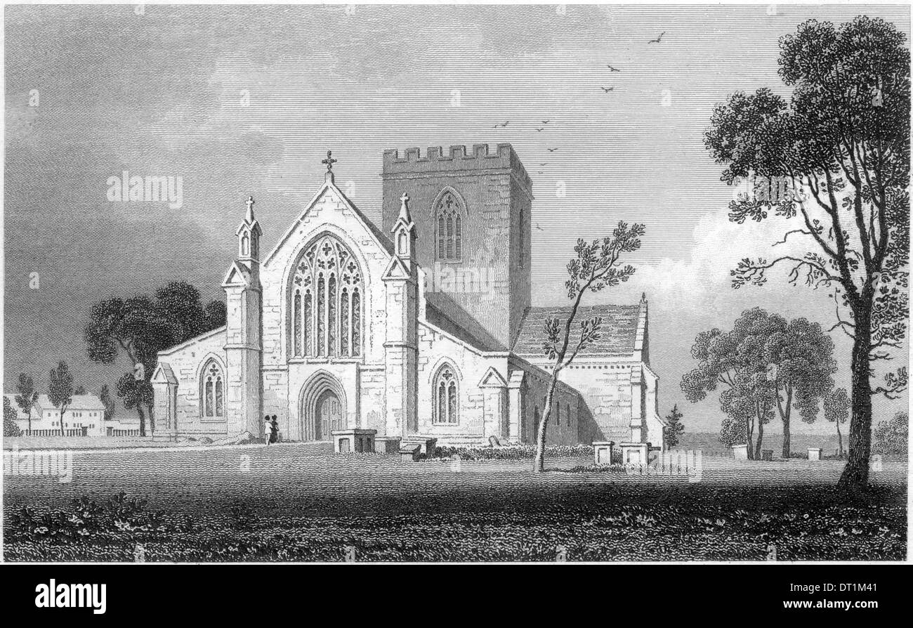 An engraving entitled 'St Asaph Cathedral, Flintshire' scanned at high resolution from a book published in the 1830's. Stock Photo