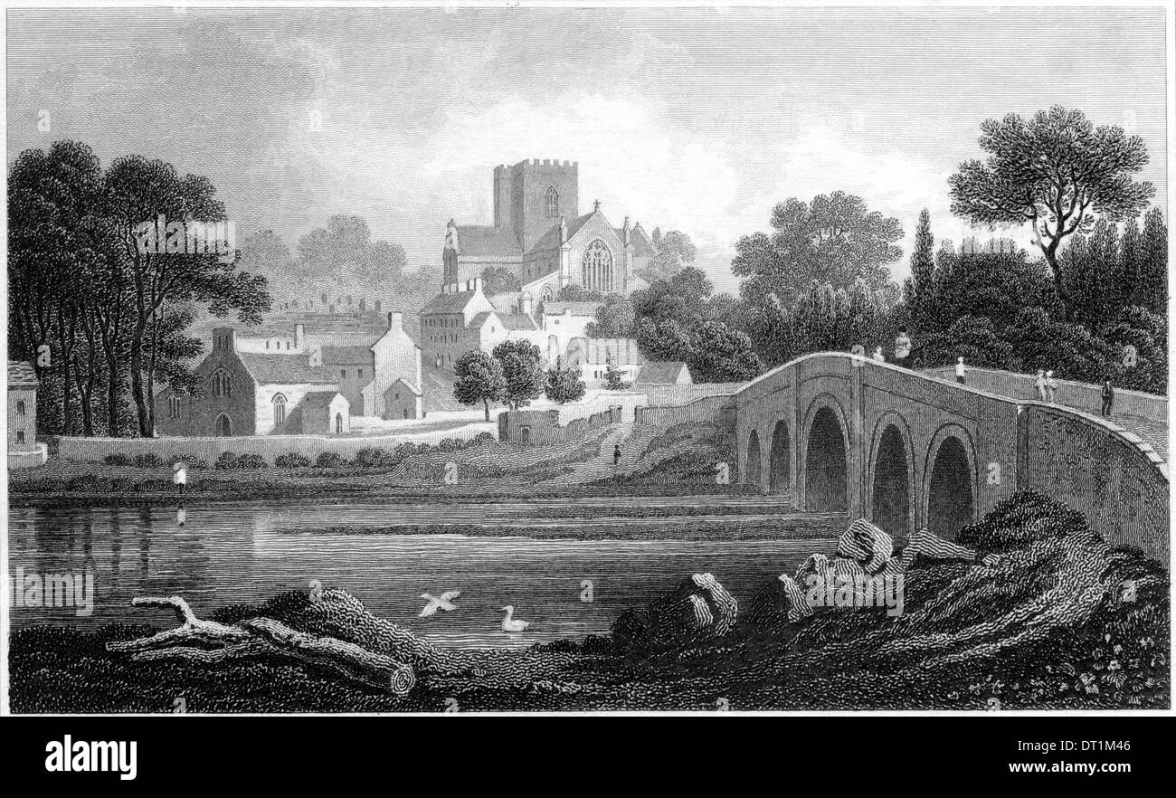 An engraving entitled 'St Asaph, Flintshire' scanned at high resolution from a book published in the 1830's. Stock Photo