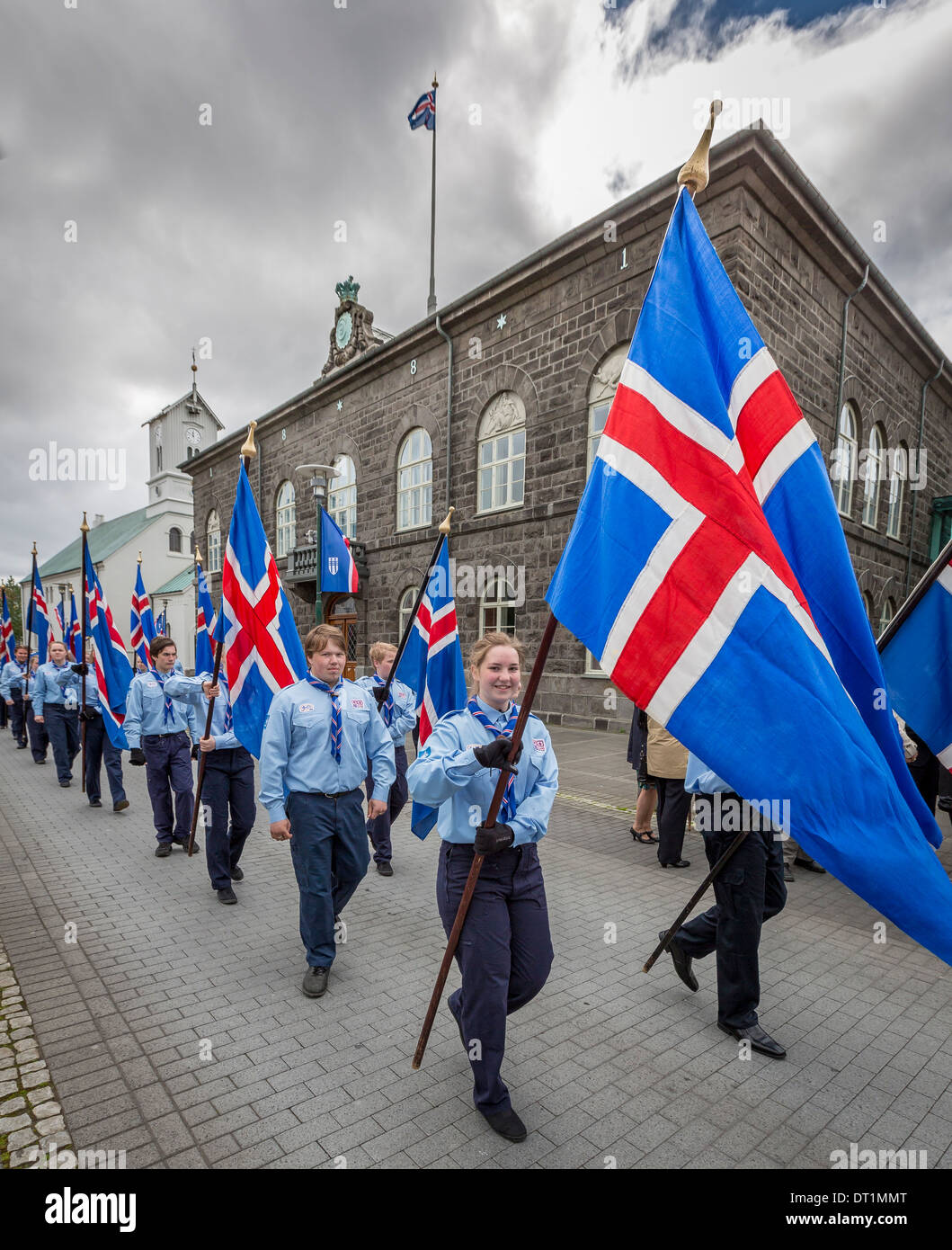 Scouts in parade on June 17th, Iceland's Independence Day.  Reykjavik, Iceland Stock Photo
