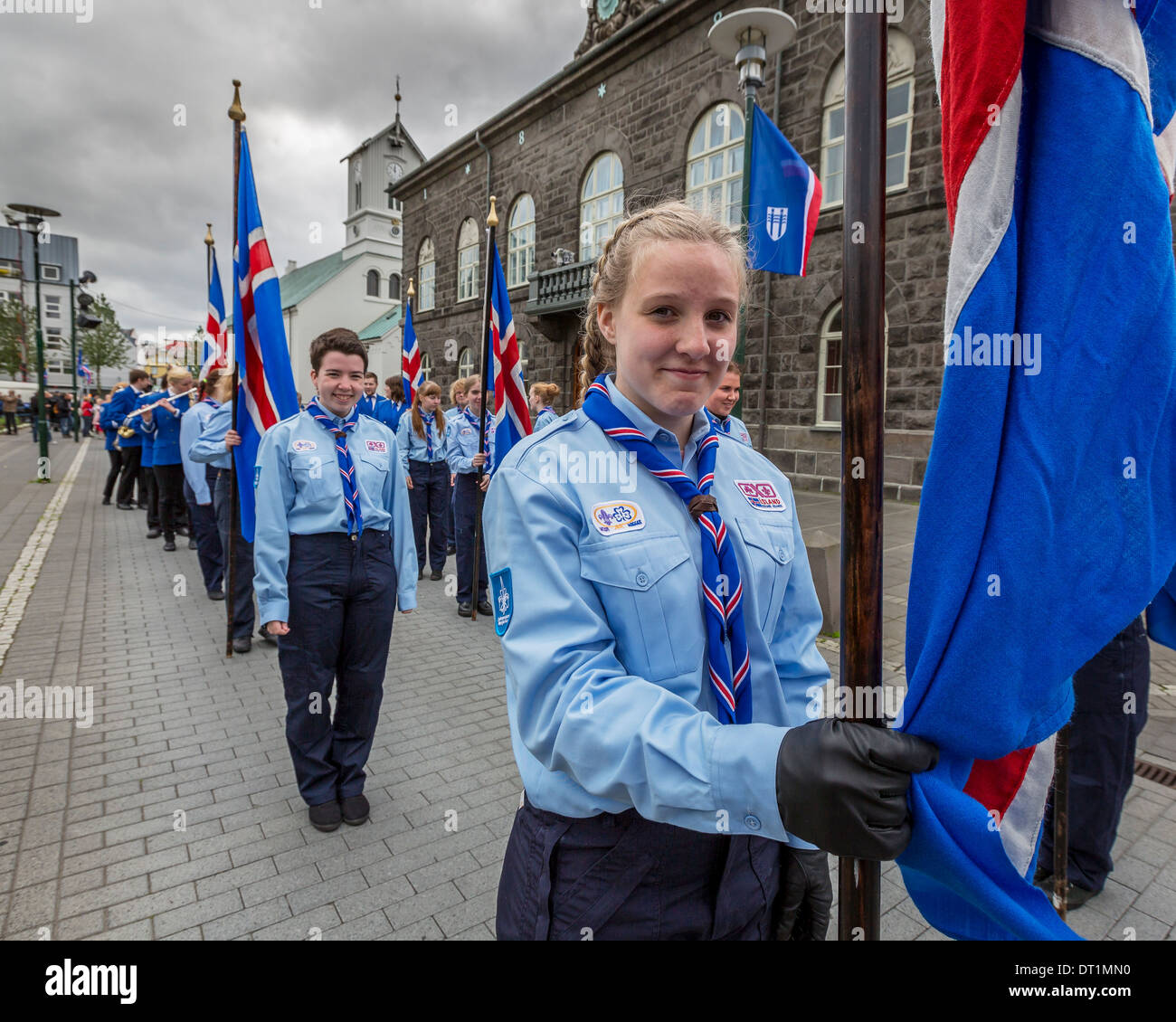 Scouts in parade on June 17th, Iceland's Independence Day.  Reykjavik, Iceland Stock Photo