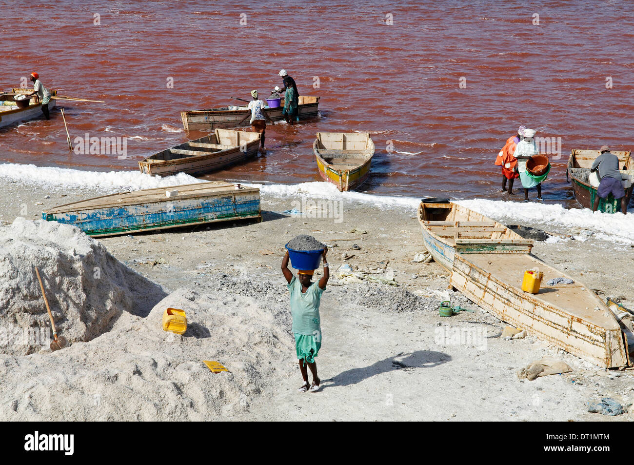 Collecting salt at Redba salt lake (Pink Lake), Senegal, West Africa, Africa Stock Photo