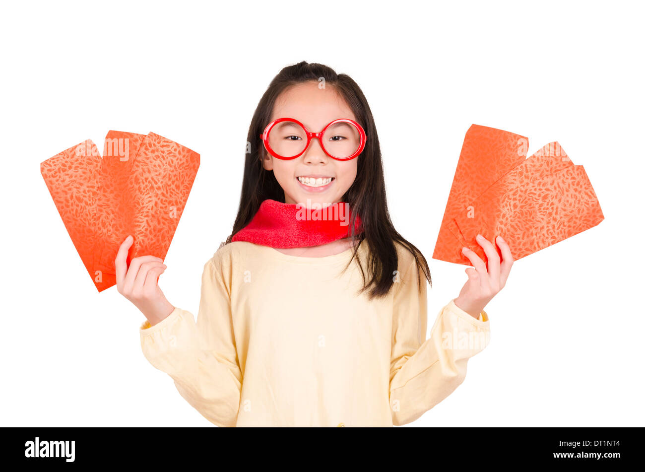 Beauty girl showing red envelope Stock Photo