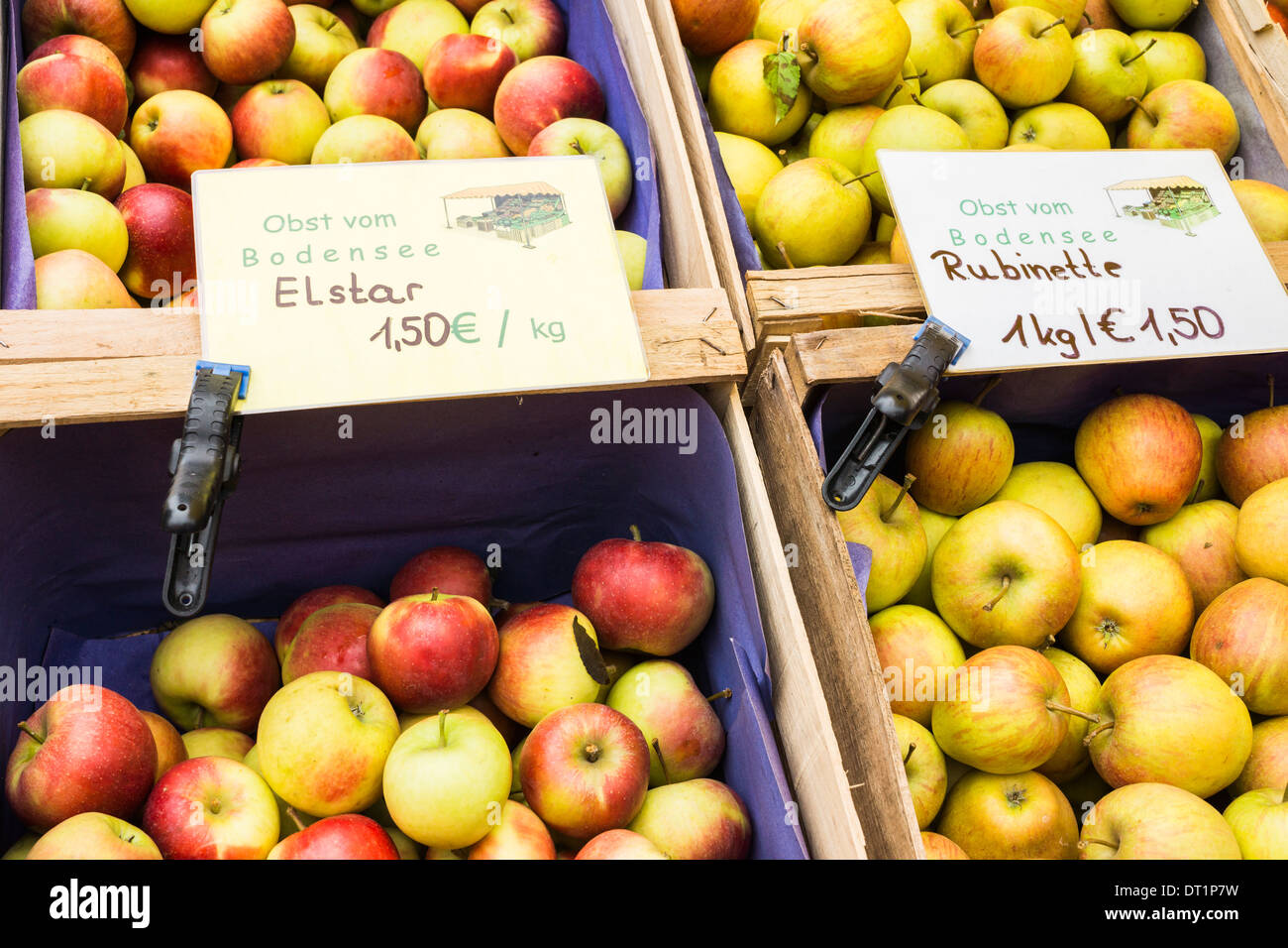 variety of apples from the  lake constance  region, famous for its orchards, for sale on a outdoor market, oberstdorf, bavaria Stock Photo