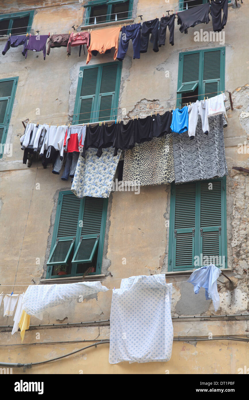 Hanging laundry, Ventimiglia, Medieval, Old Town, Liguria, Imperia Province, Italy, Europe Stock Photo
