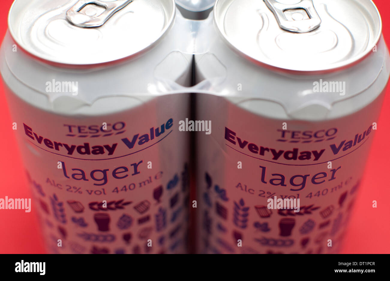 Cans of Tesco Everyday Value Lager, London Stock Photo
